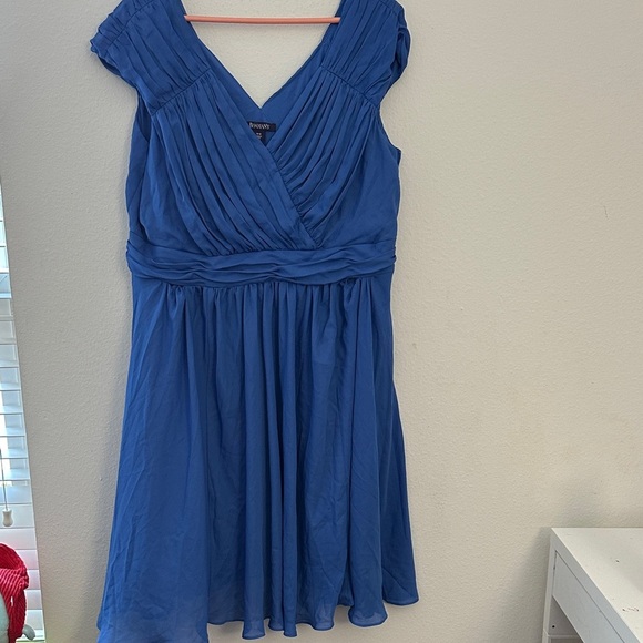 Blue Pleated V-Neck formal  Dress - Picture 1 of 6